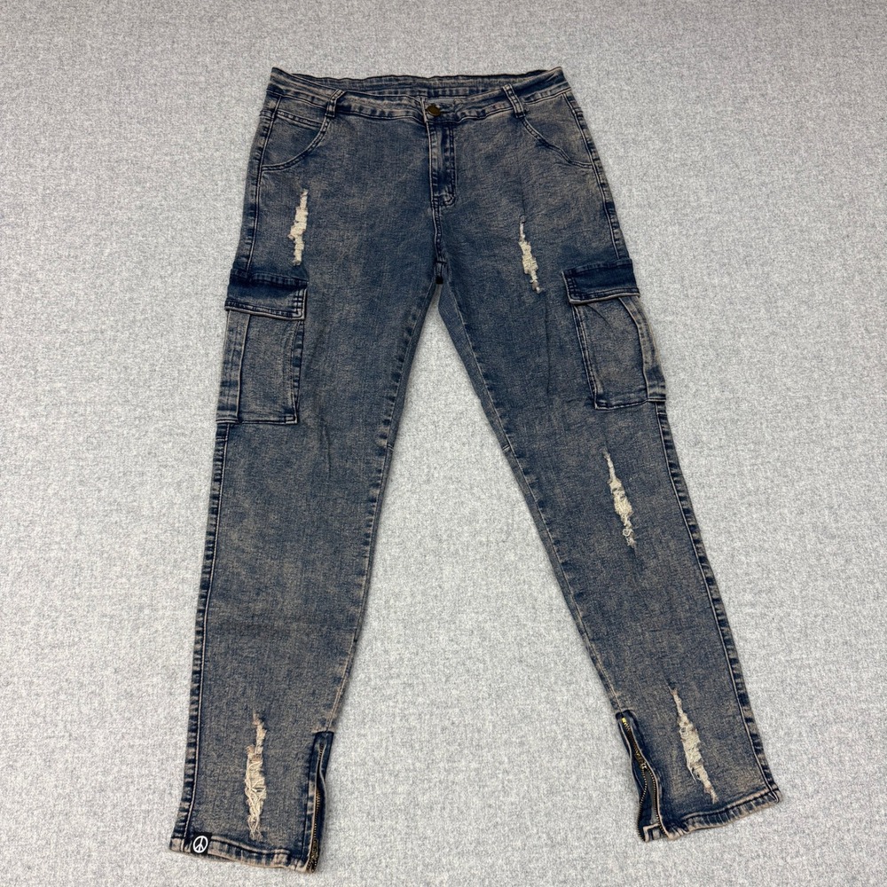 Unbranded Distressed Cargo Jeans XL Blue Acid Wash Ankle Zip Streetwear Frayed